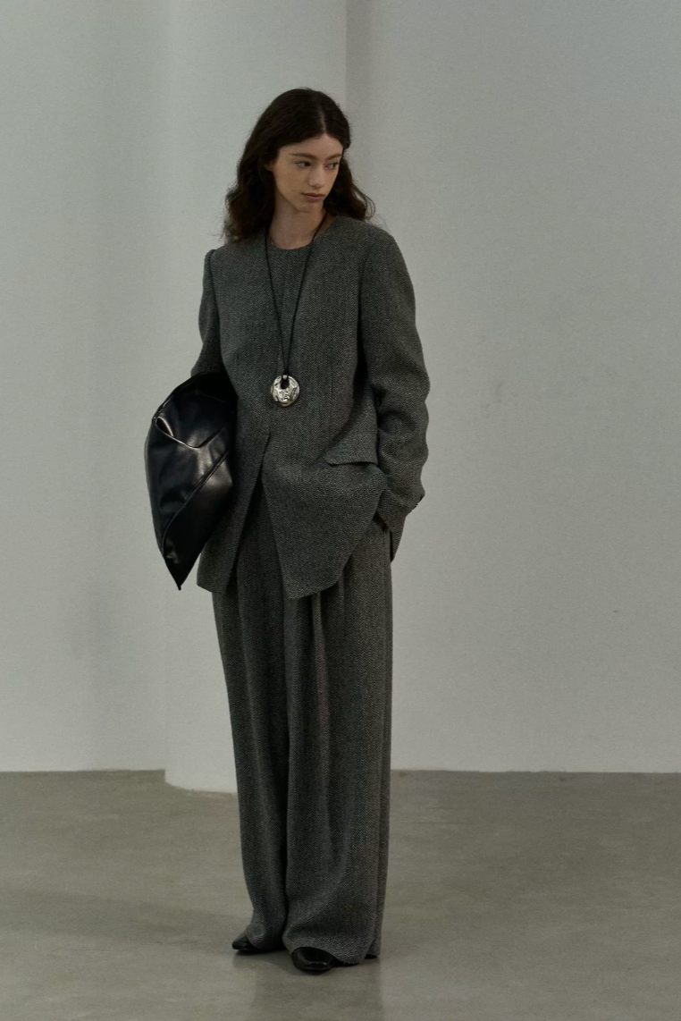 High waist tweed wide pants / dark gray