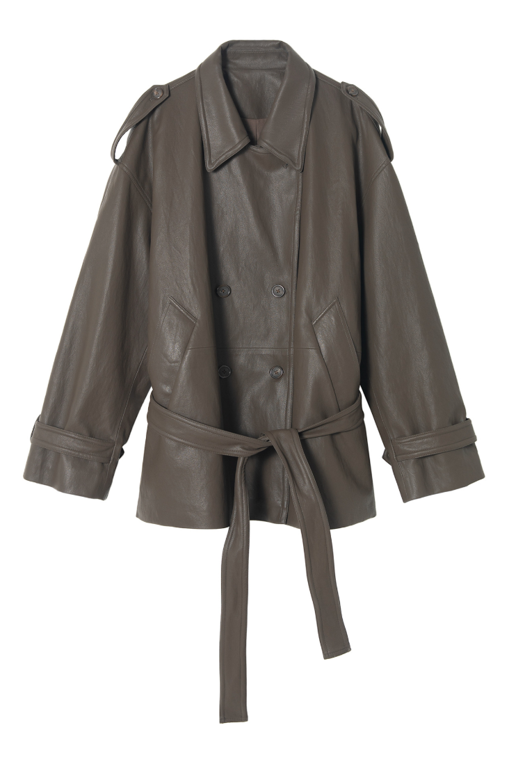 Over short leather trench coat / dark brown