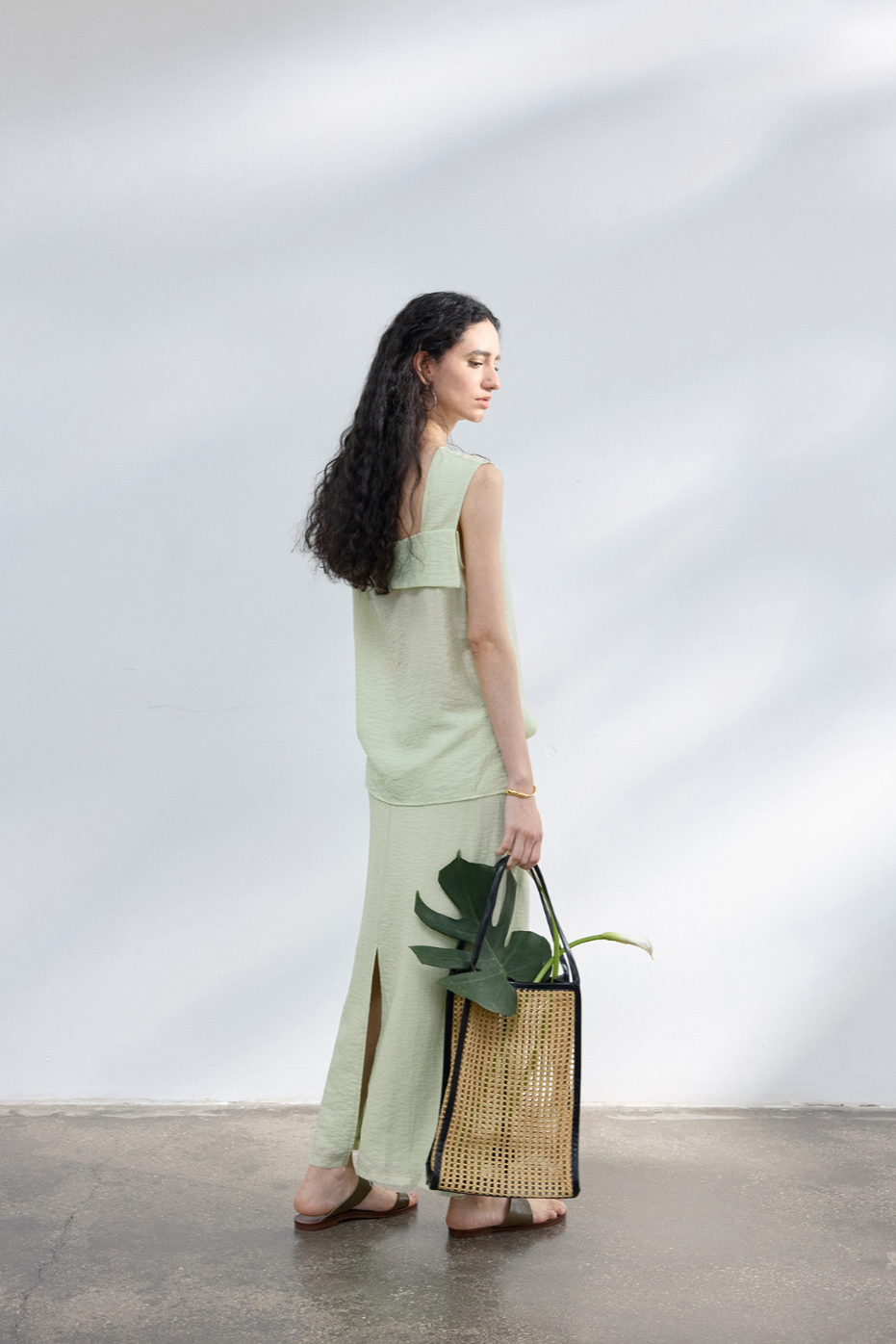 2-Way draped linen-blend top / light green