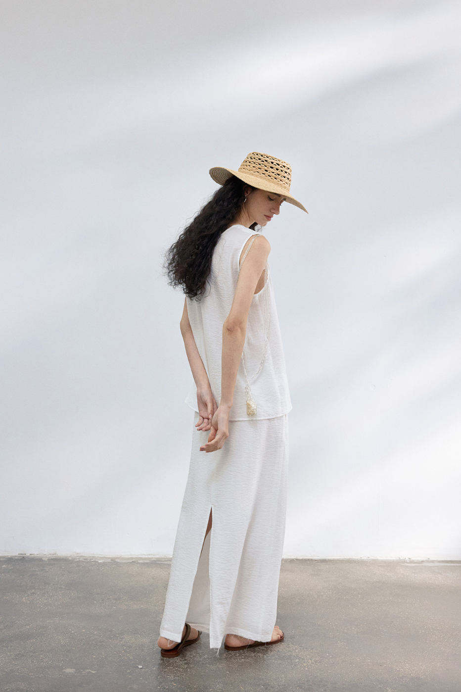 Linen-blend drawstring skirt / white
