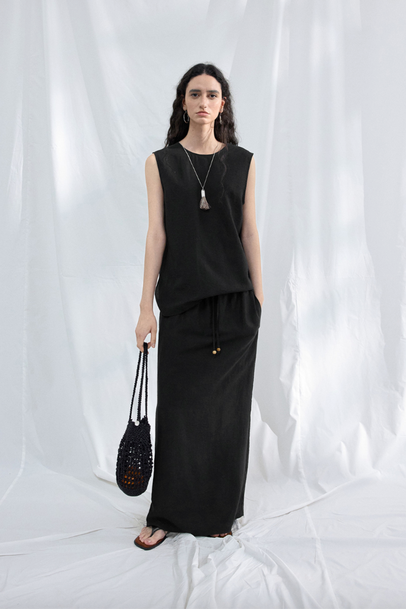 Linen-blend drawstring skirt / black