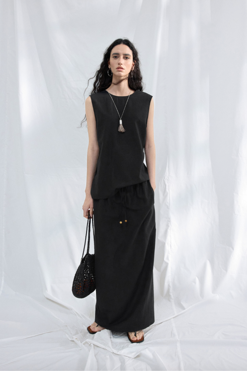 Linen-blend drawstring skirt / black