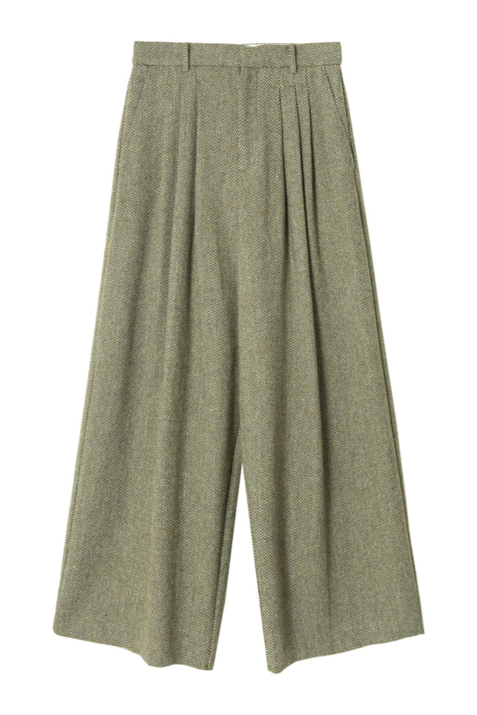 High waist tweed wide pants / green