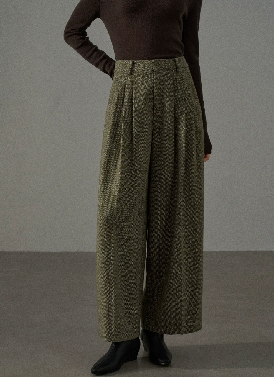 High waist tweed wide pants / green