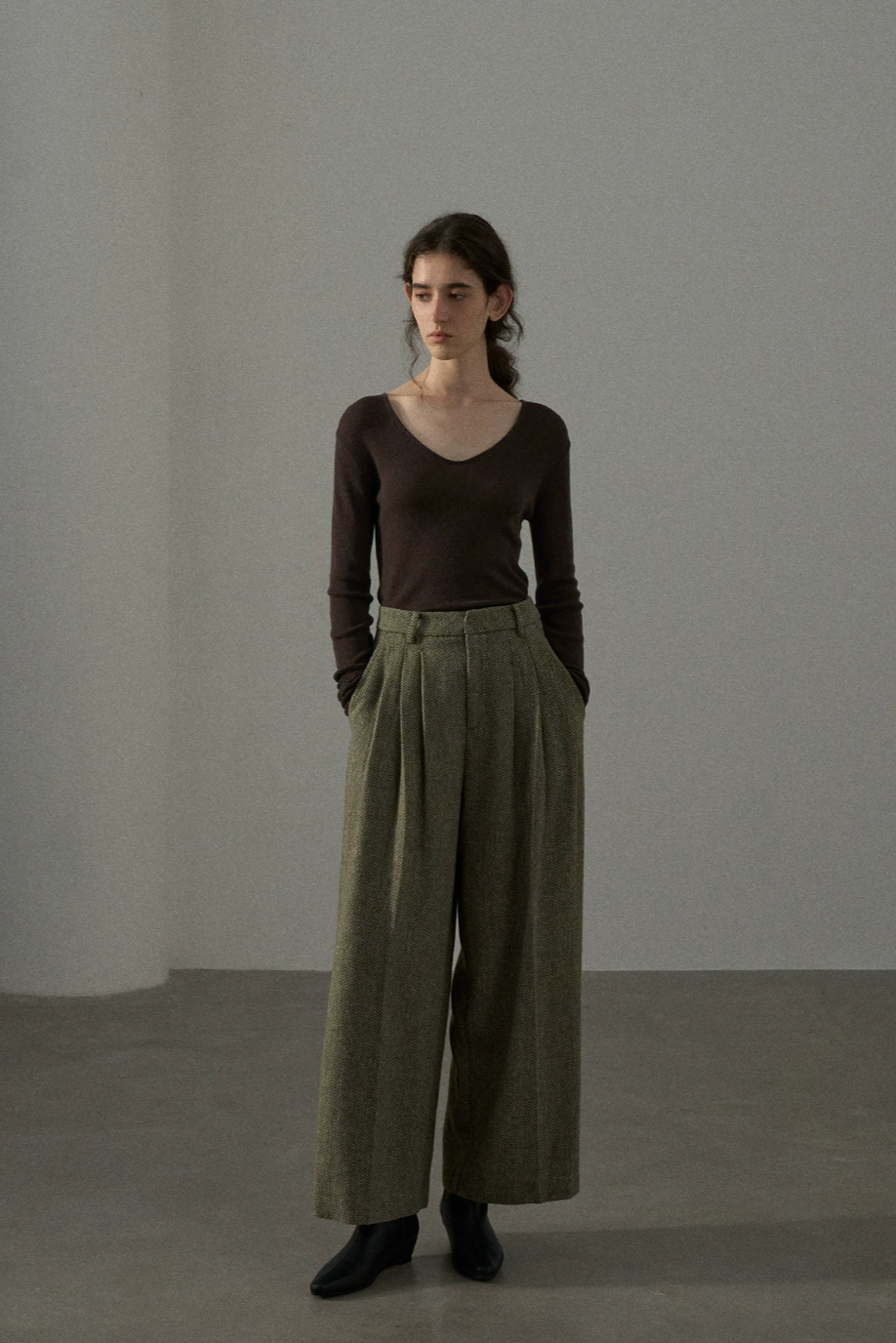 High waist tweed wide pants / green
