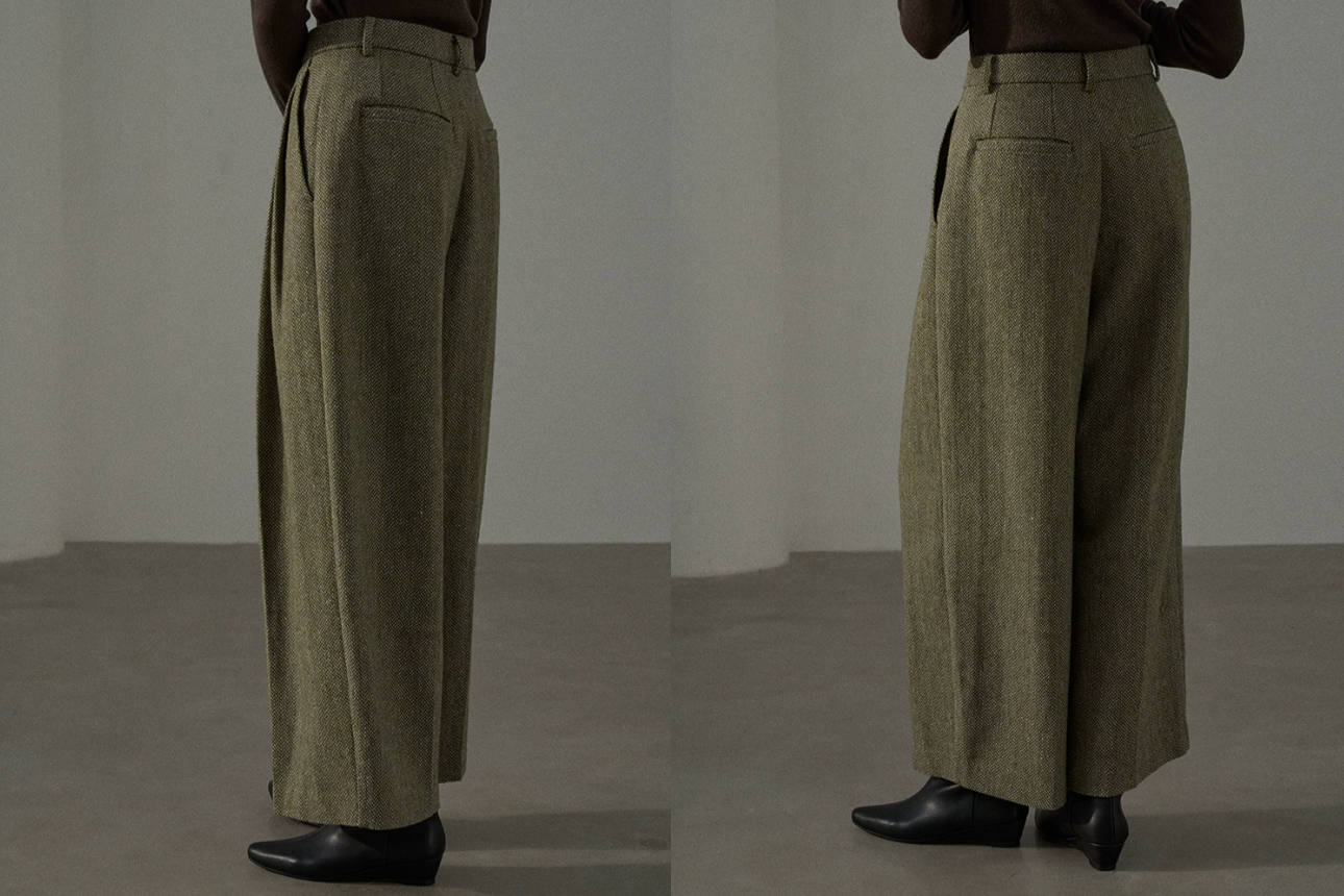 High waist tweed wide pants / green