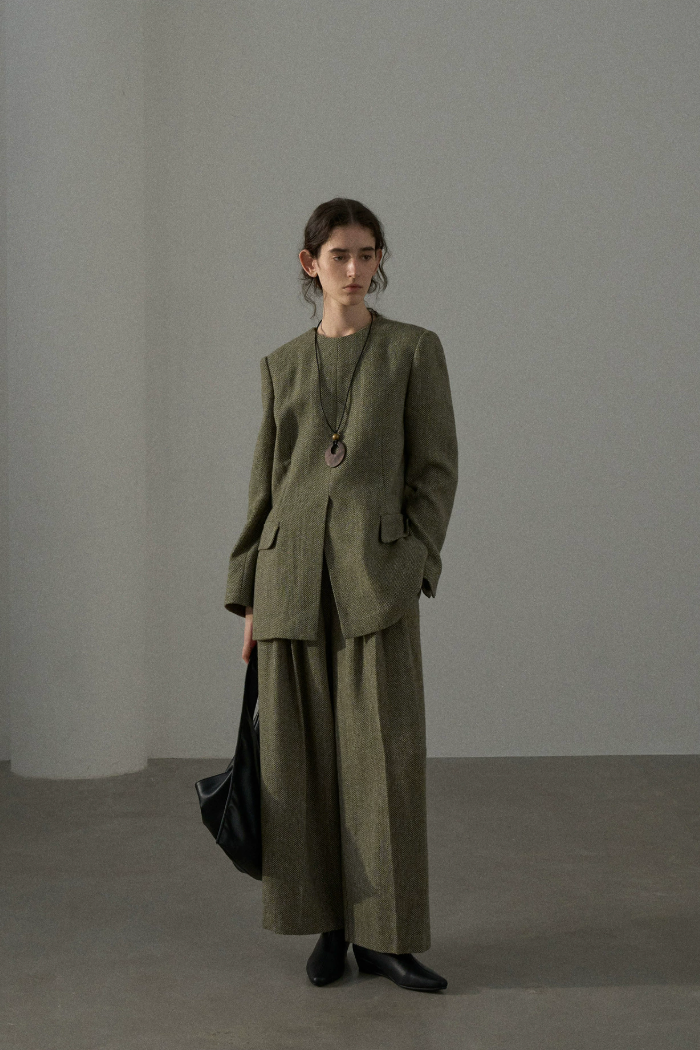 High waist tweed wide pants / green