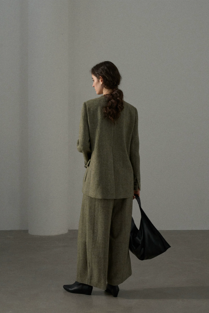 High waist tweed wide pants / green