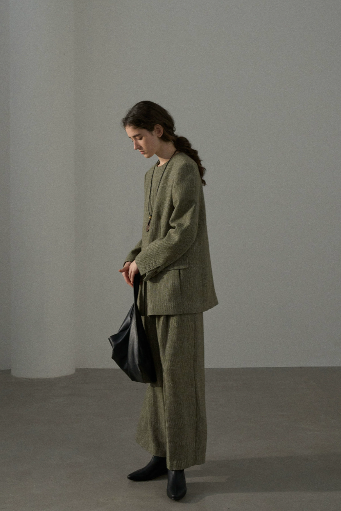 High waist tweed wide pants / green