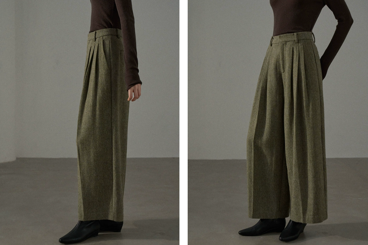 High waist tweed wide pants / green