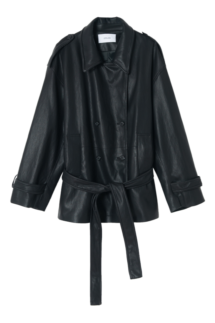 Over short leather trench coat / black