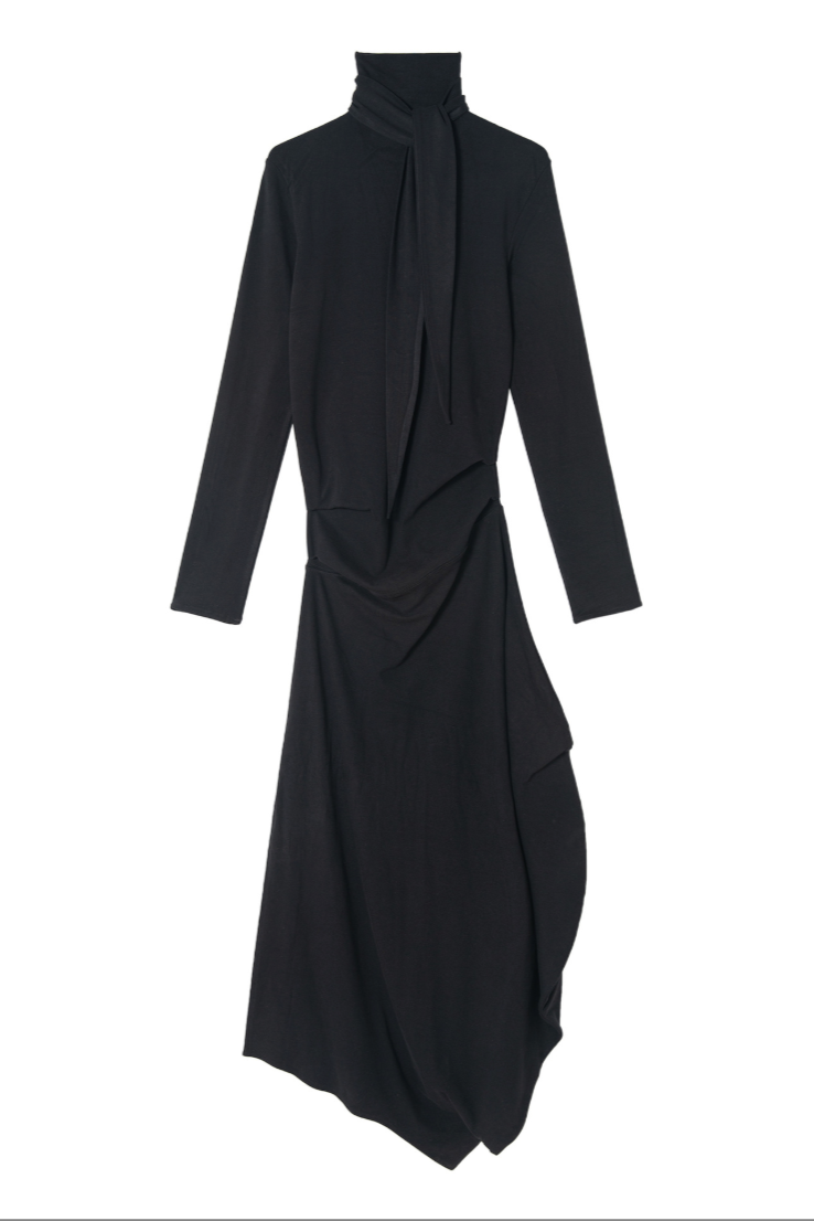 Stole collar long dress / black