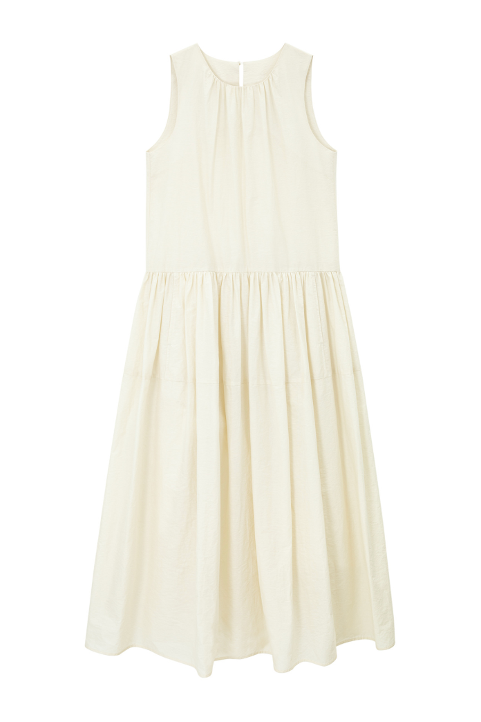 Gathered cotton-linen flare dress / ivory