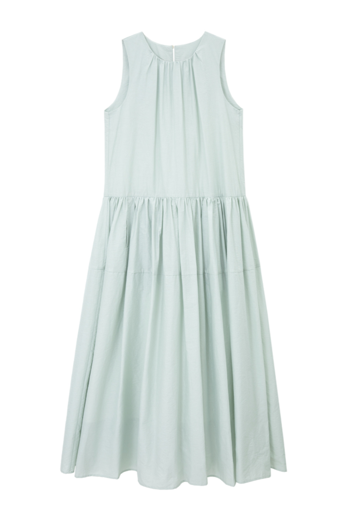 Gathered cotton-linen flare dress / light blue