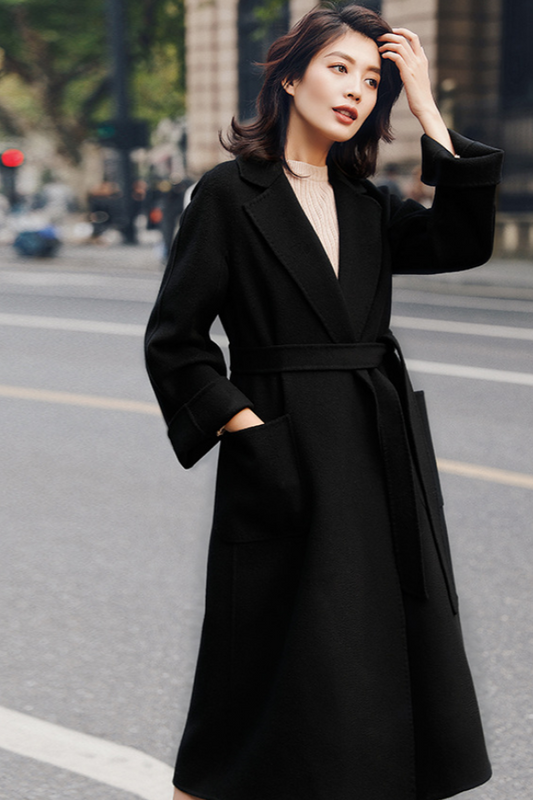 Cashmere blend wool long coat / black