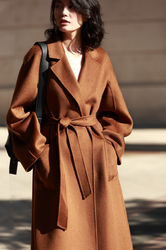 Cashmere blend wool long coat / dark caramel