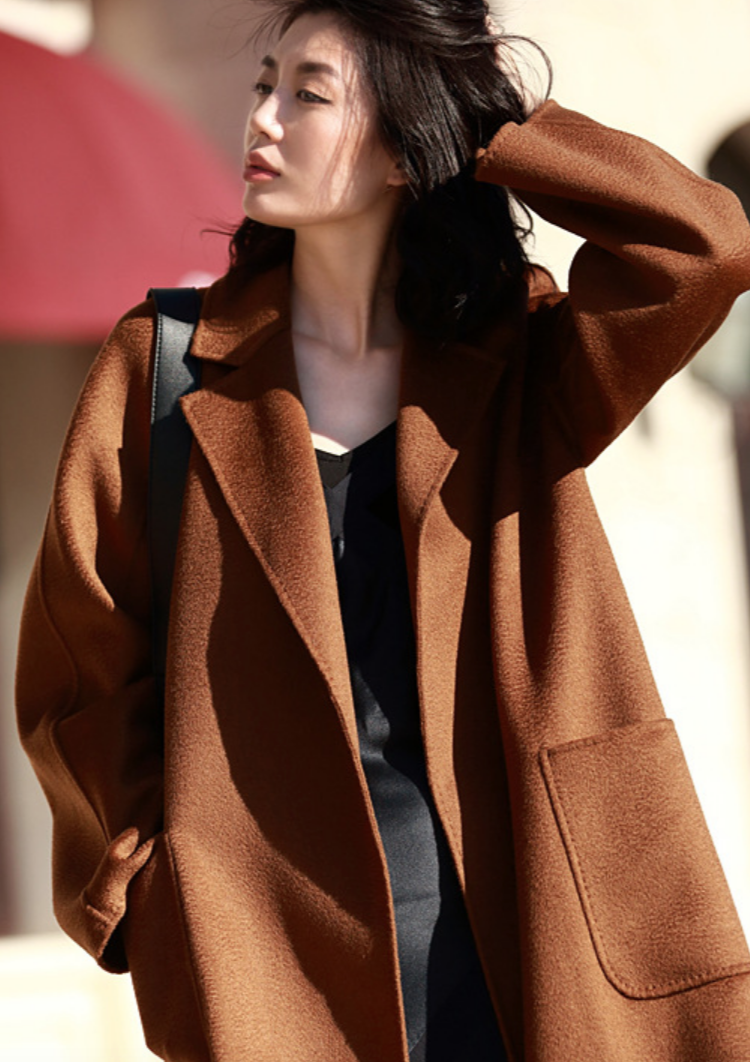 Cashmere blend wool long coat / dark caramel – HORAYU