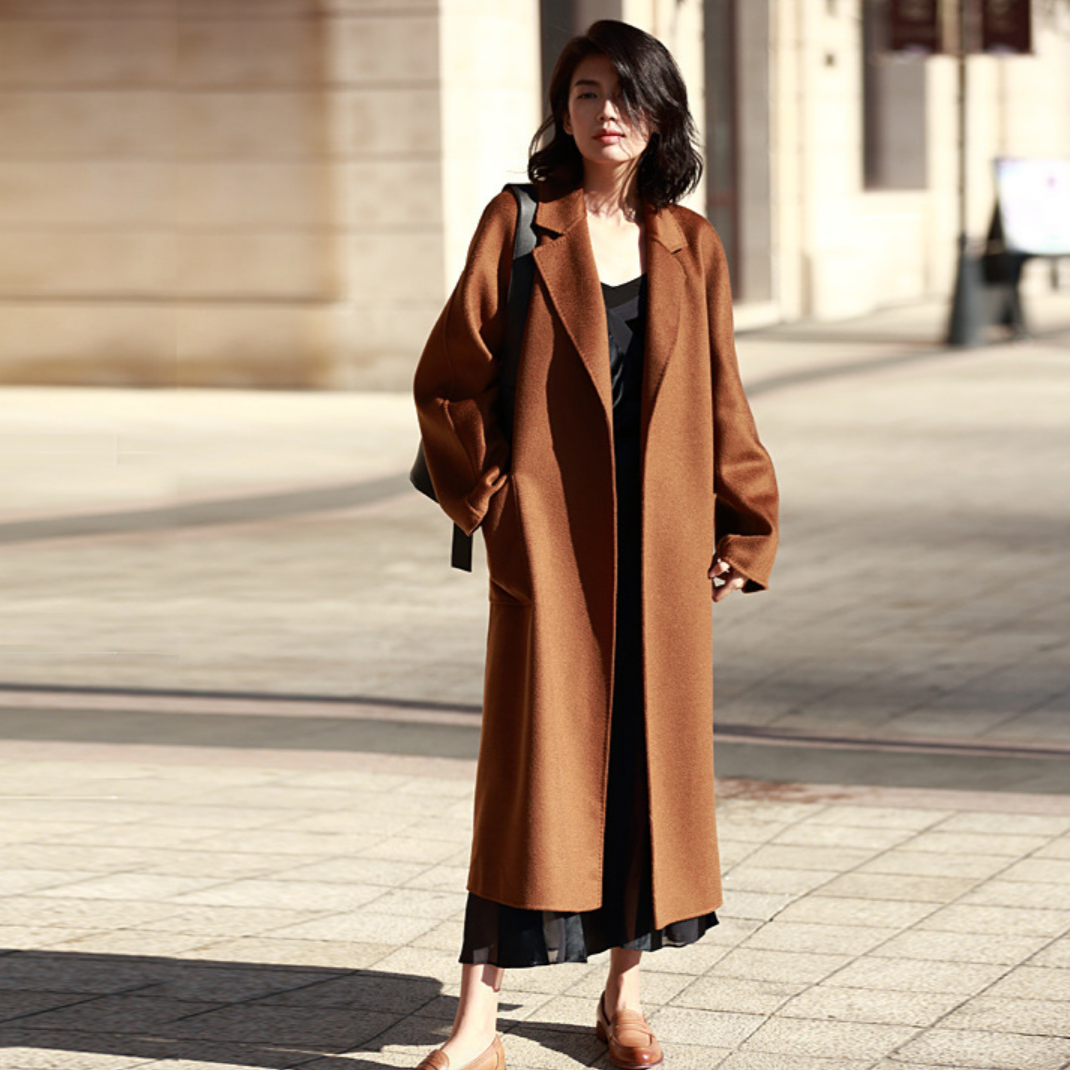 Cashmere blend wool long coat / dark caramel – HORAYU