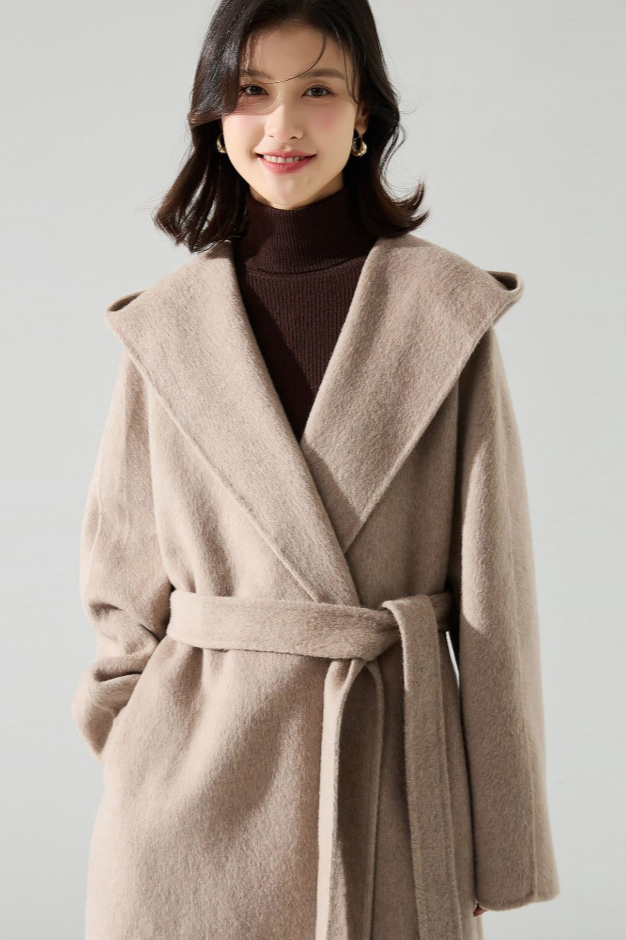 Silk cashmere wool coat with hood / oatmeal