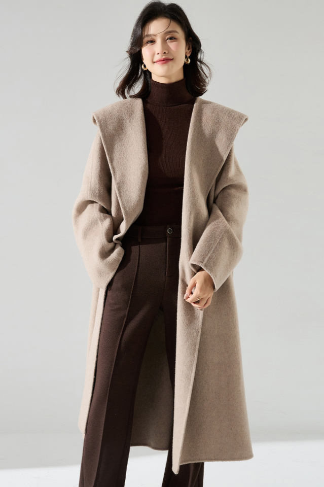 Silk cashmere wool coat with hood / oatmeal