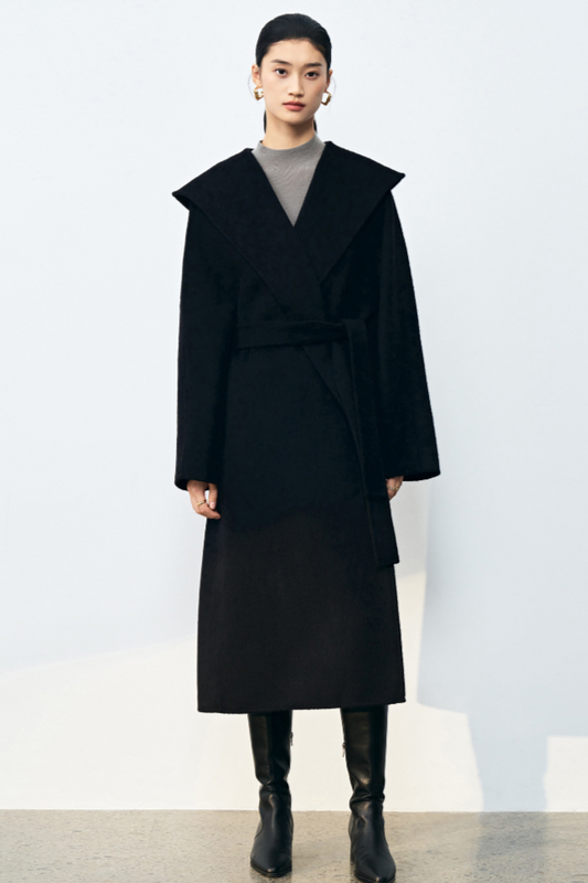 Silk cashmere wool coat with hood / black