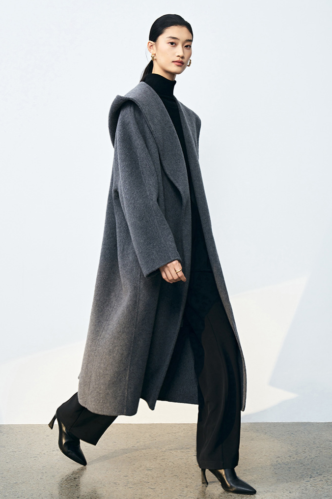 Silk cashmere wool coat with hood / gray