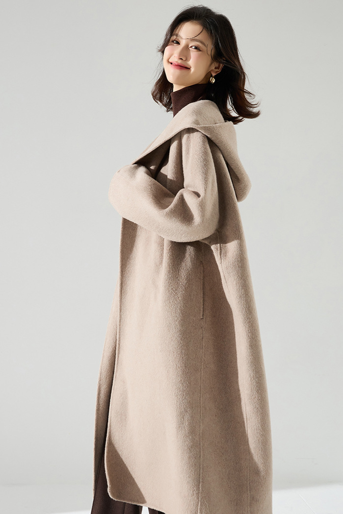 Silk cashmere wool coat with hood / oatmeal