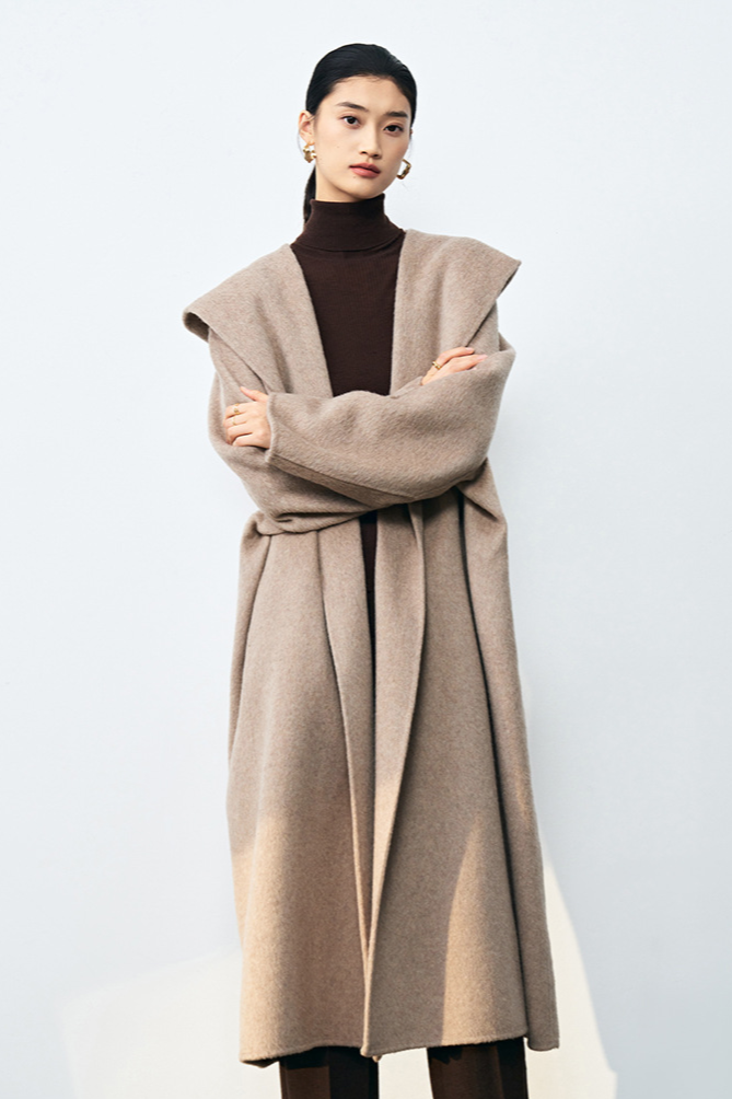 Silk cashmere wool coat with hood / oatmeal