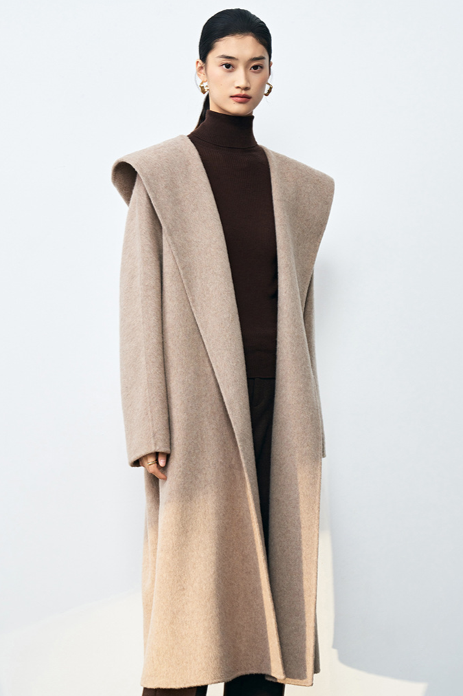 Silk cashmere wool coat with hood / oatmeal