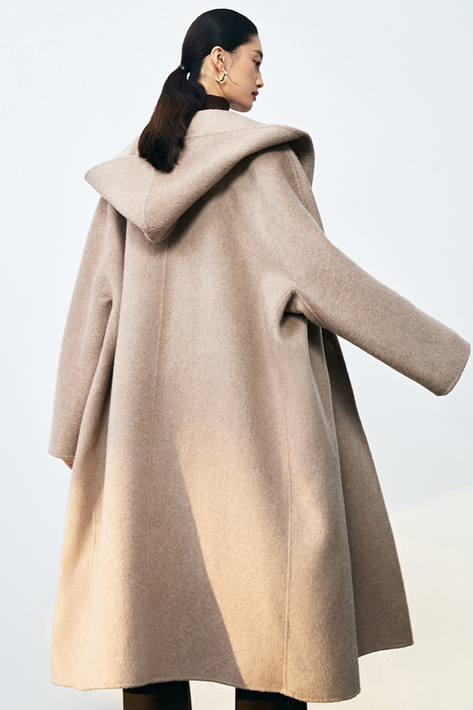 Silk cashmere wool coat with hood / oatmeal