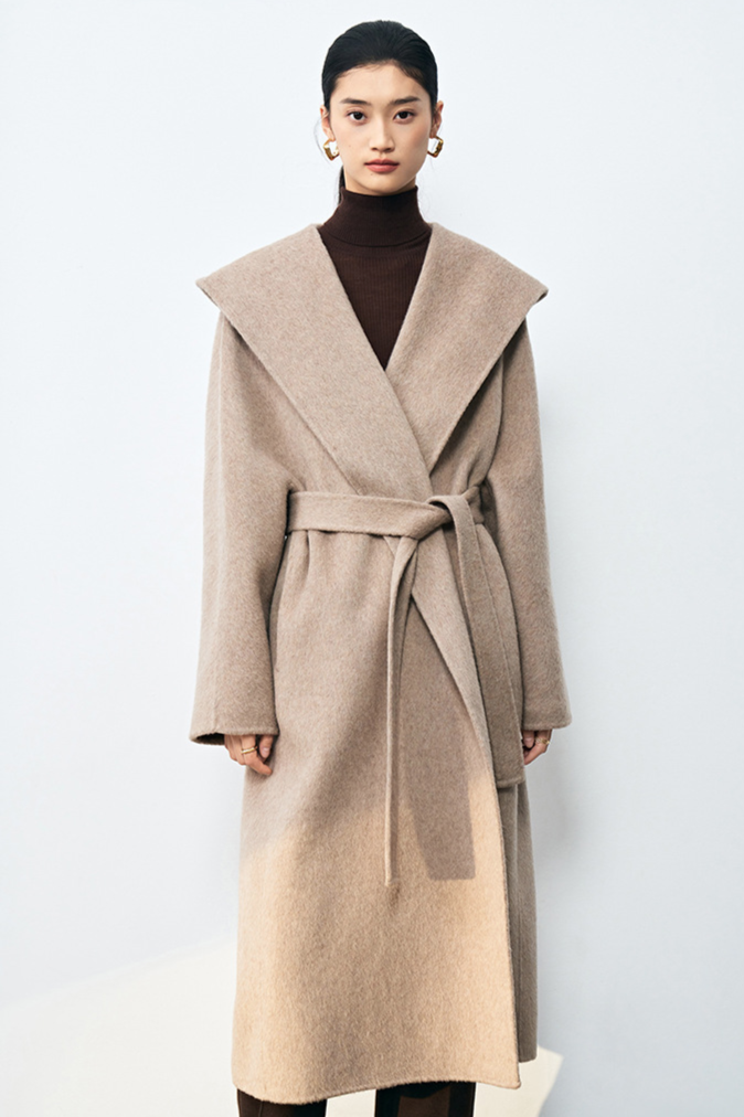 Silk cashmere wool coat with hood / oatmeal