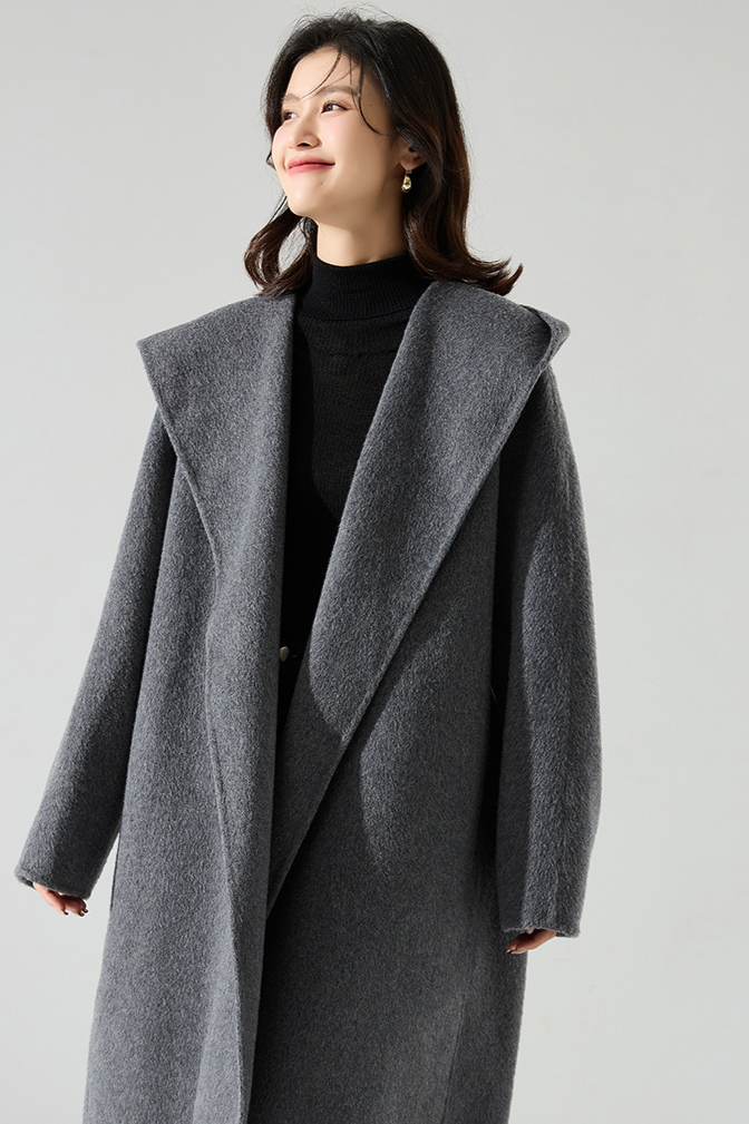 Silk cashmere wool coat with hood / gray