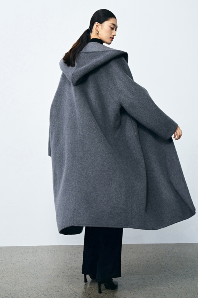 Silk cashmere wool coat with hood / gray