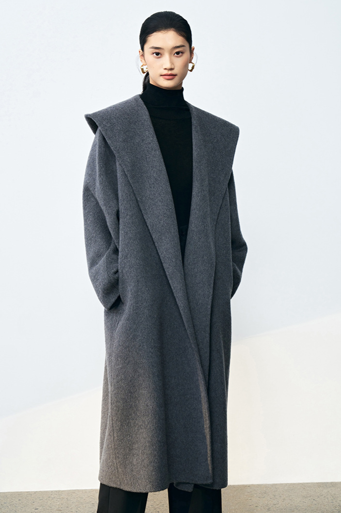 Silk cashmere wool coat with hood / gray