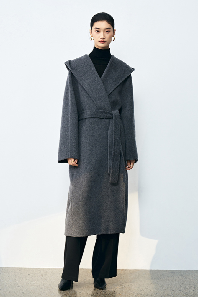 Silk cashmere wool coat with hood / gray