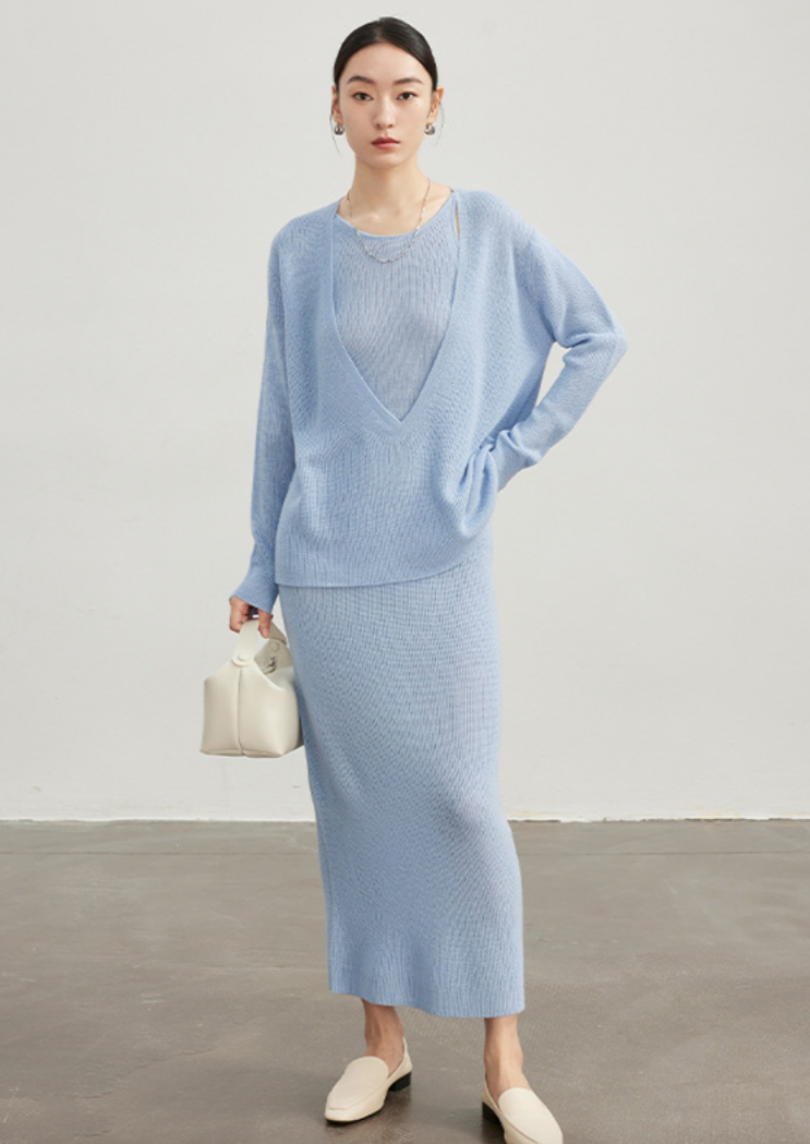 Knit set suspender dress / blue