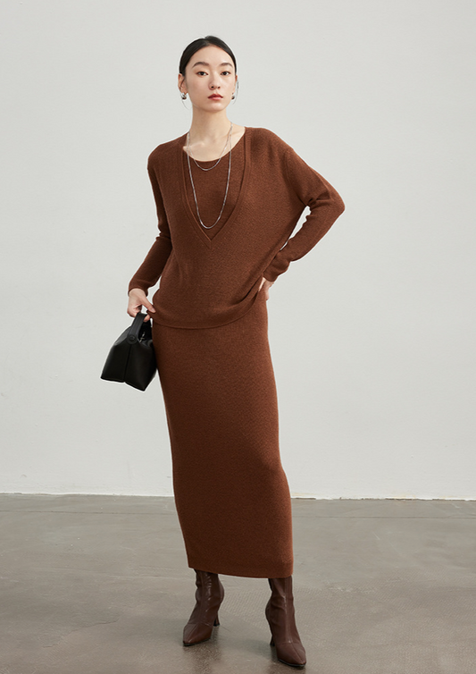 Knit set suspender dress / coffee