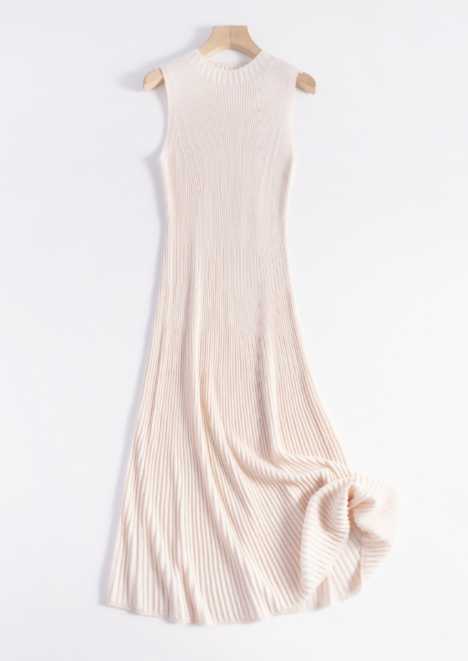 Sleeveless rib knit dress / beige