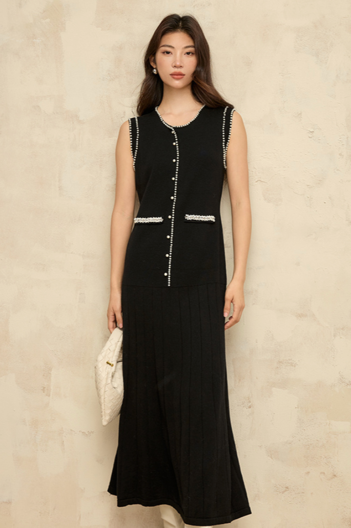 Beaded style knit vest dress / black