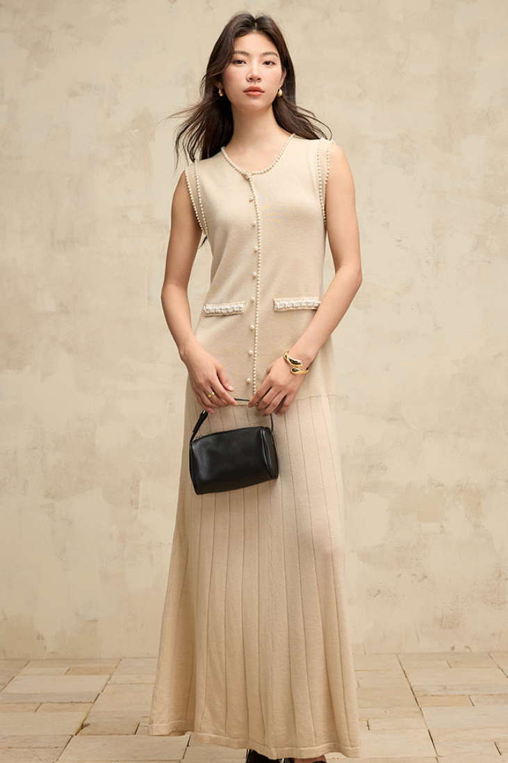 Beaded style knit vest dress / beige