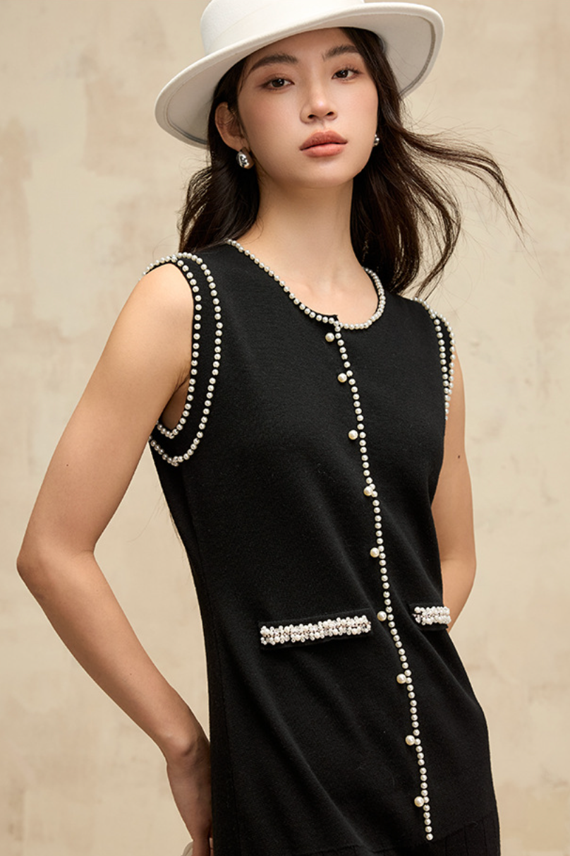 Beaded style knit vest dress / black