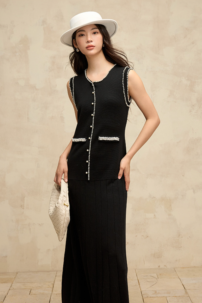 Beaded style knit vest dress / black