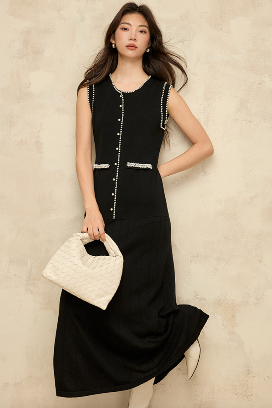 Beaded style knit vest dress / black