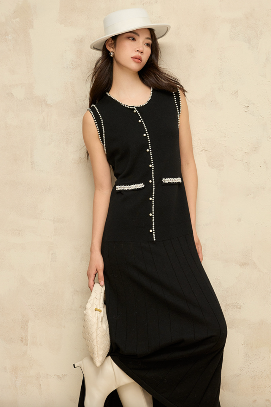 Beaded style knit vest dress / black