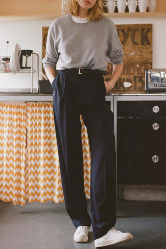 High waist straight pants / navy