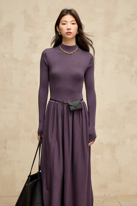 Half turtleneck knit waist dress / purple