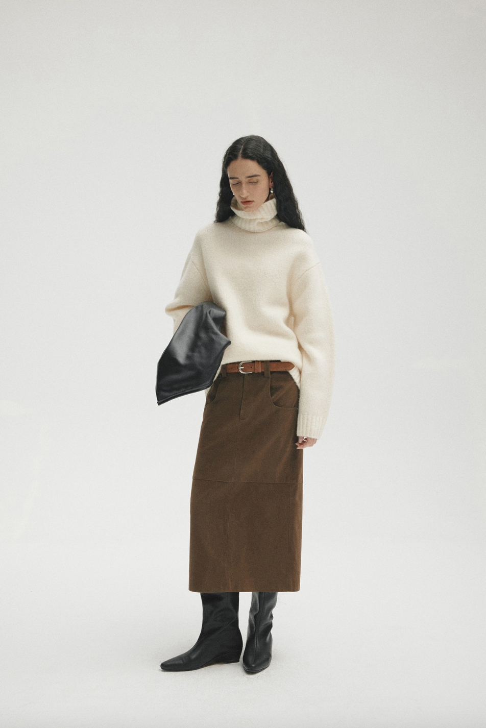 Low rise straight long skirt /  brown