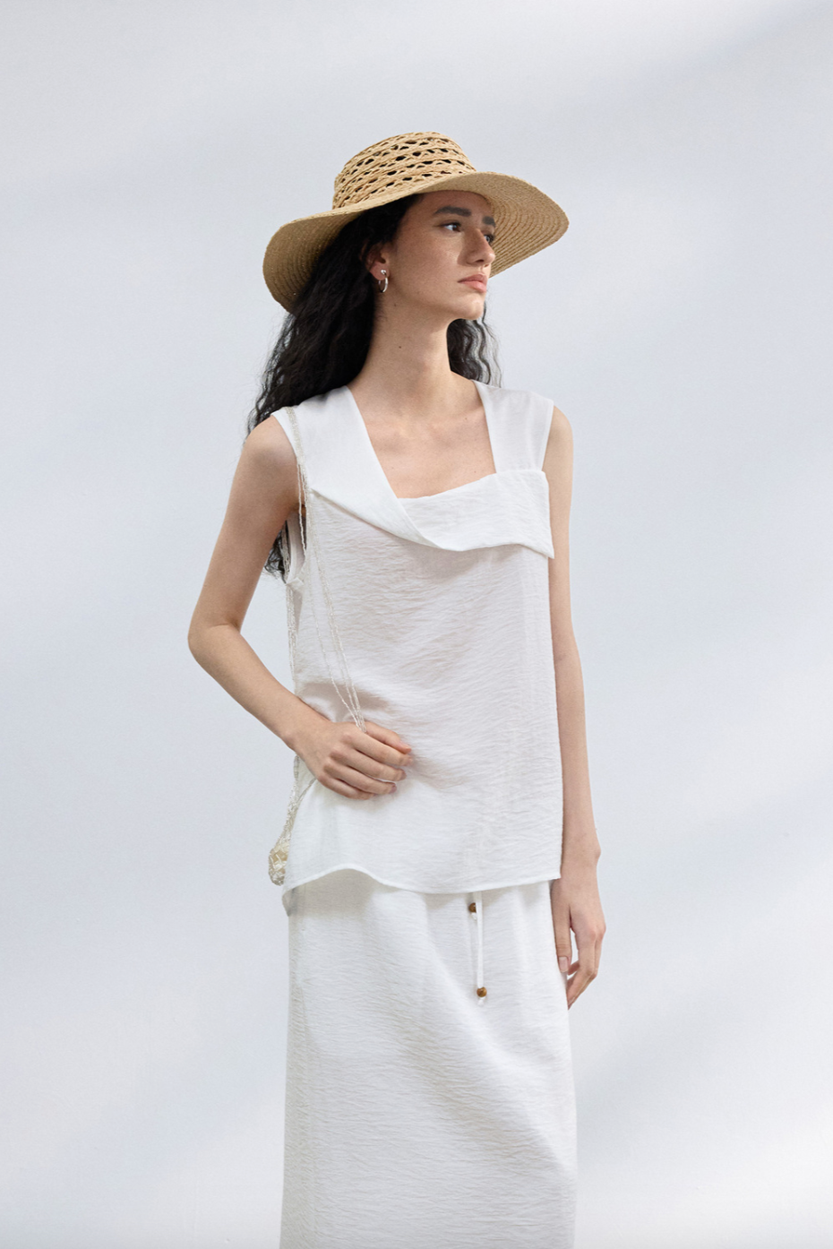 2-Way draped linen-blend top / white