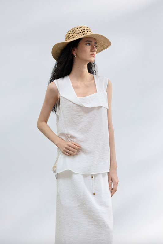 2-Way draped linen-blend top / white