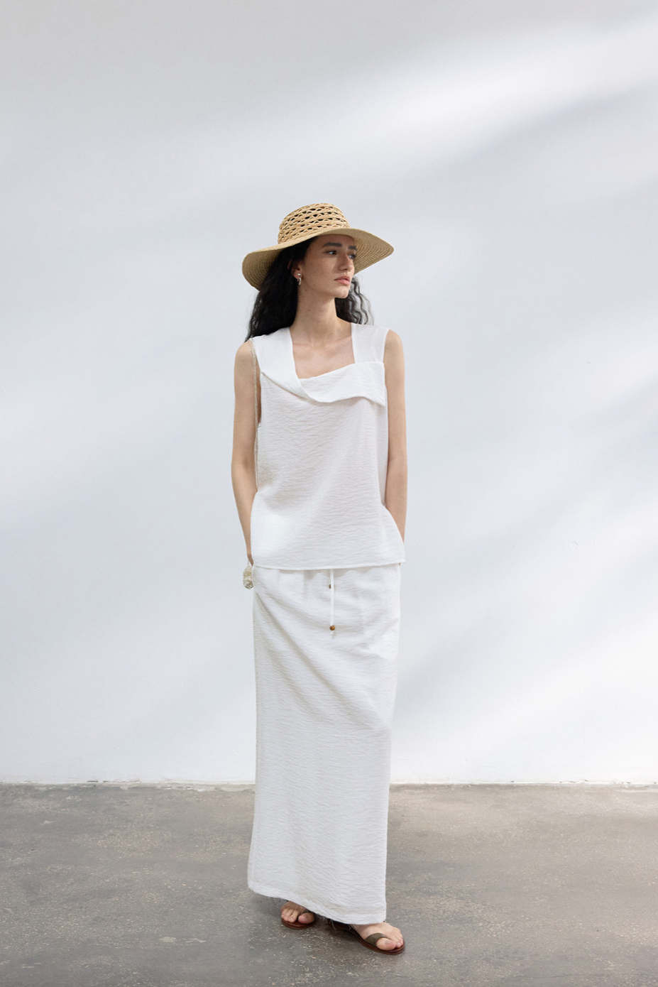 2-Way draped linen-blend top / white